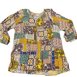 Umgee Women’s mixed pattern boho crinkle tunic blouse L